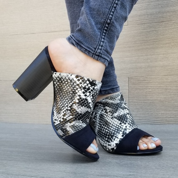 Snake Print Open Toe Slip on Chunky High Heel-P - Picture 3 of 8